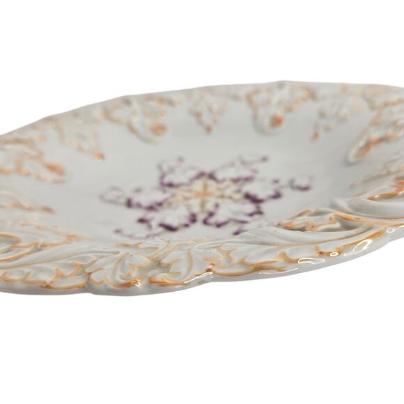 Vintage Meissen Porcelain Bowl Rococco Leaf Purple Gold Relief Luster Floral - Picture 10 of 11